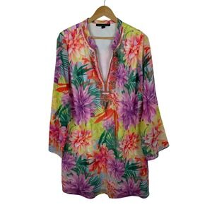 Boston Proper Beaded Floral Tunic Dress Sz XL Tropical Cover Up Resort Colorful